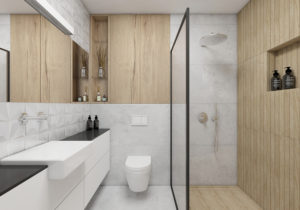 mała łazienka w szarościach bieli i drewnie